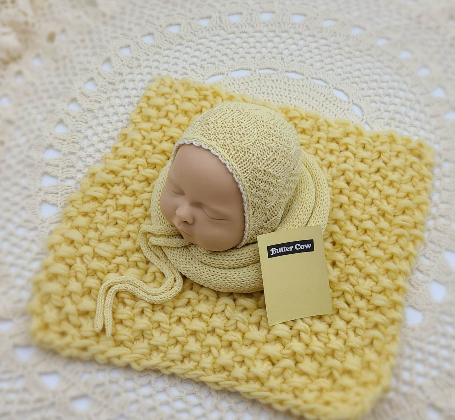 Bonnet/Wrap & Mini Layer Coordinates with Newborn Nerds Butter Cow