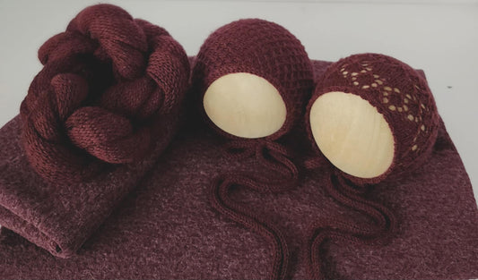 Burgundy Beau or Lillibet Knit Bonnet, Knit Wrap, Backdrop & Stretch Wrap