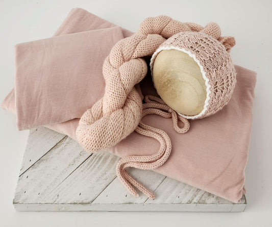 Rosy Rachel Handknit Bonnet & Wrap Set, Jersey Backdrop & Jersey Wrap