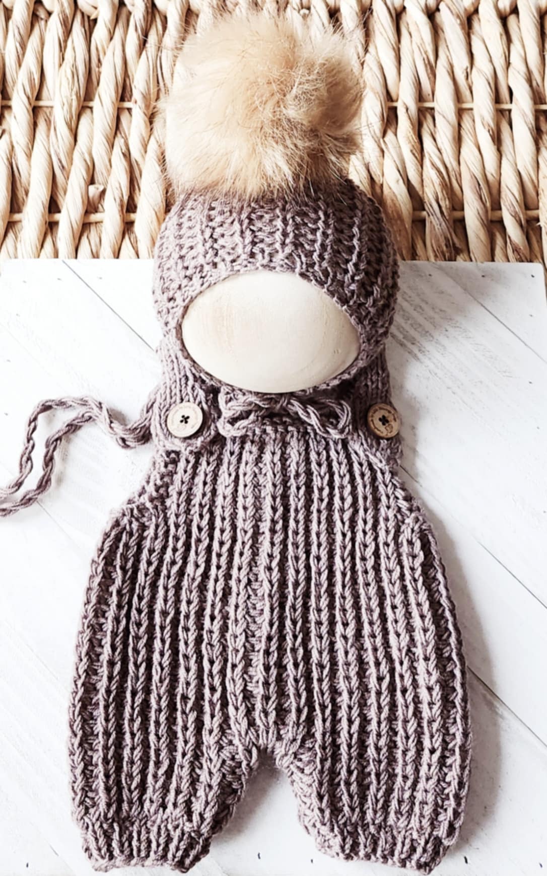 Fisherman Short Overalls and Removeable Fur Pompom Bonnet
