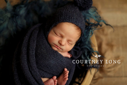 Light & Airy Navy Pompom Bonnet and Wrap Set PREORDER