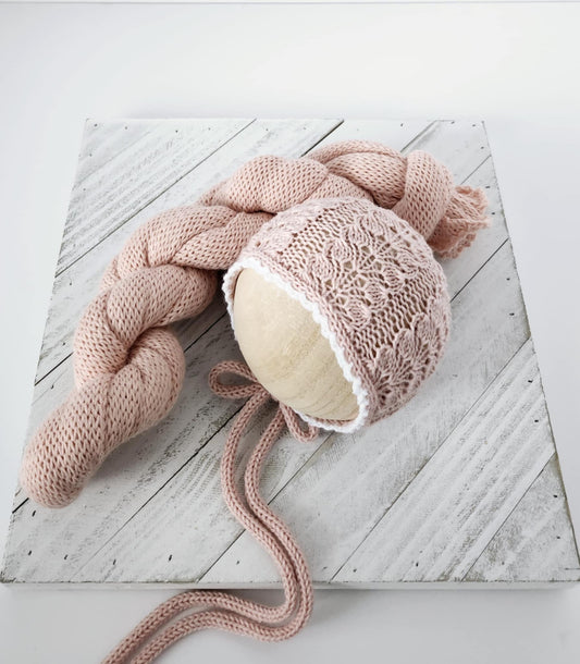 Rosy Rachel Handknit Bonnet & Wrap Set, Jersey Backdrop & Jersey Wrap