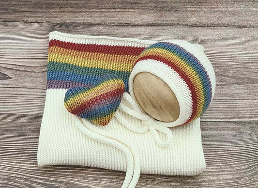 Rainbow Overwrap, Bonnet & Heart Stuffie PREORDER