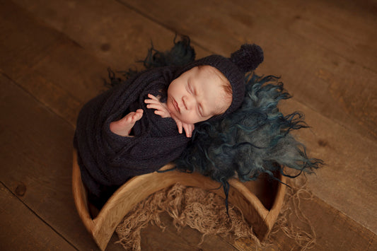 Light & Airy Navy Pompom Bonnet and Wrap Set PREORDER