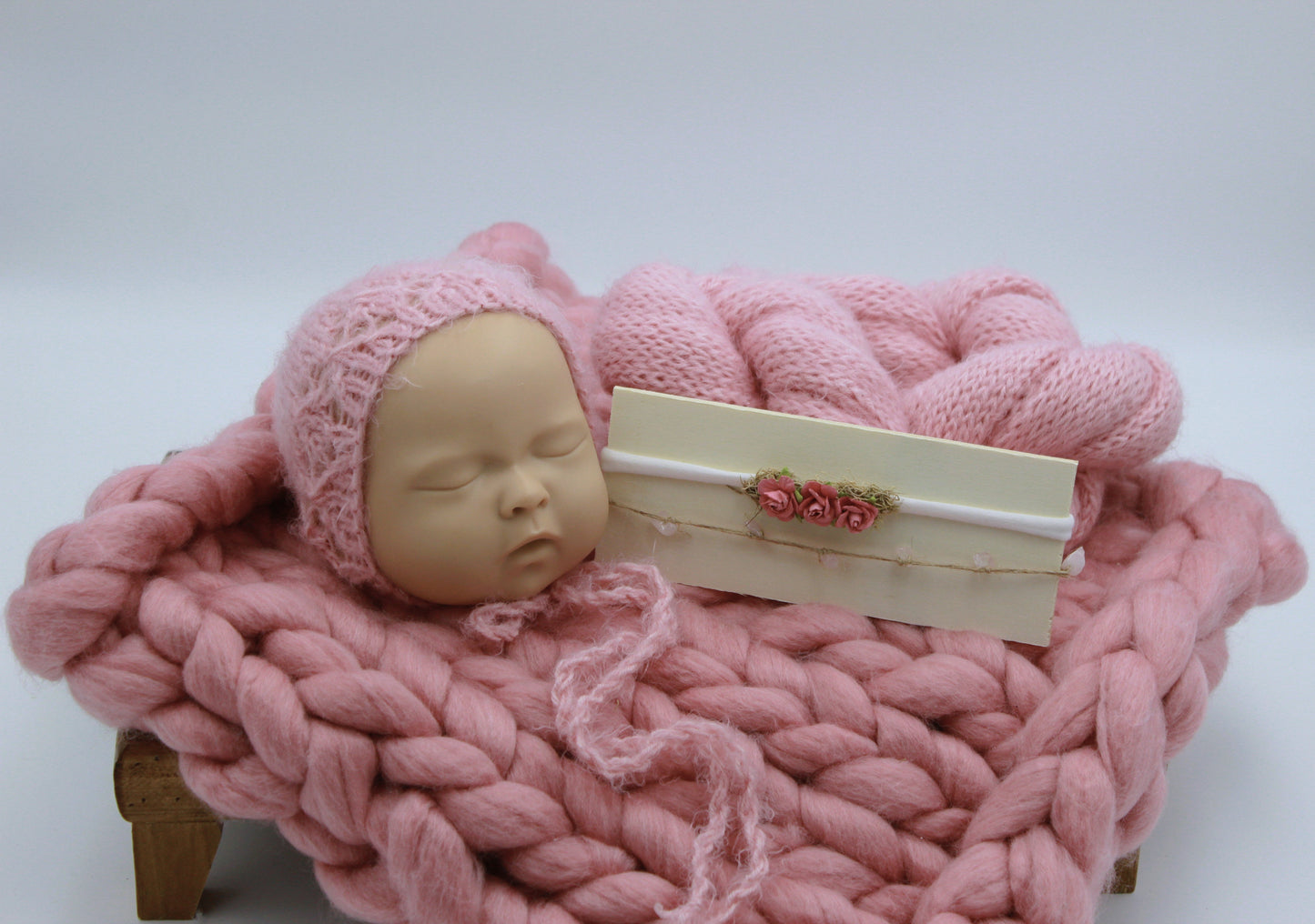 Pink Bonnet, Wrap, Chunky Layer & Tiebacks