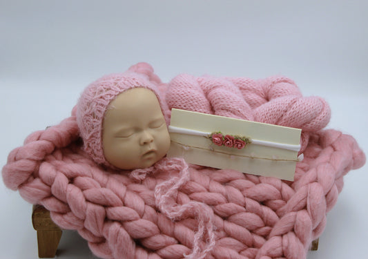 Pink Bonnet, Wrap, Chunky Layer & Tiebacks