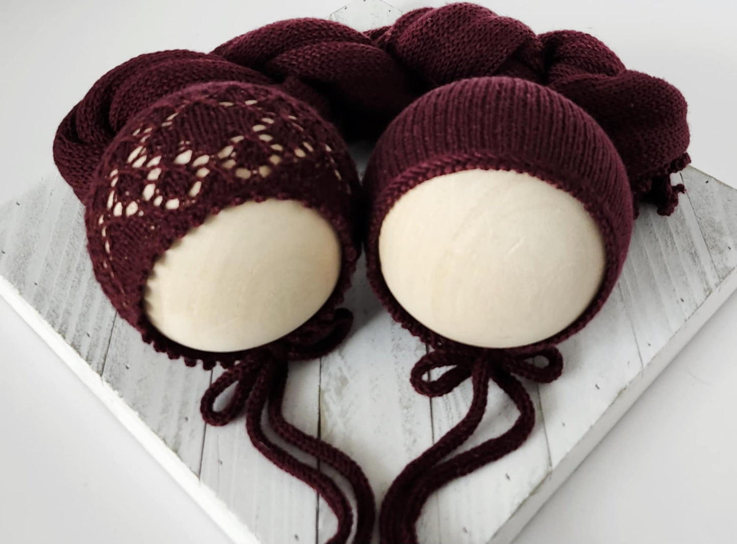 Burgundy Beau or Lillibet Knit Bonnet, Knit Wrap, Backdrop & Stretch Wrap