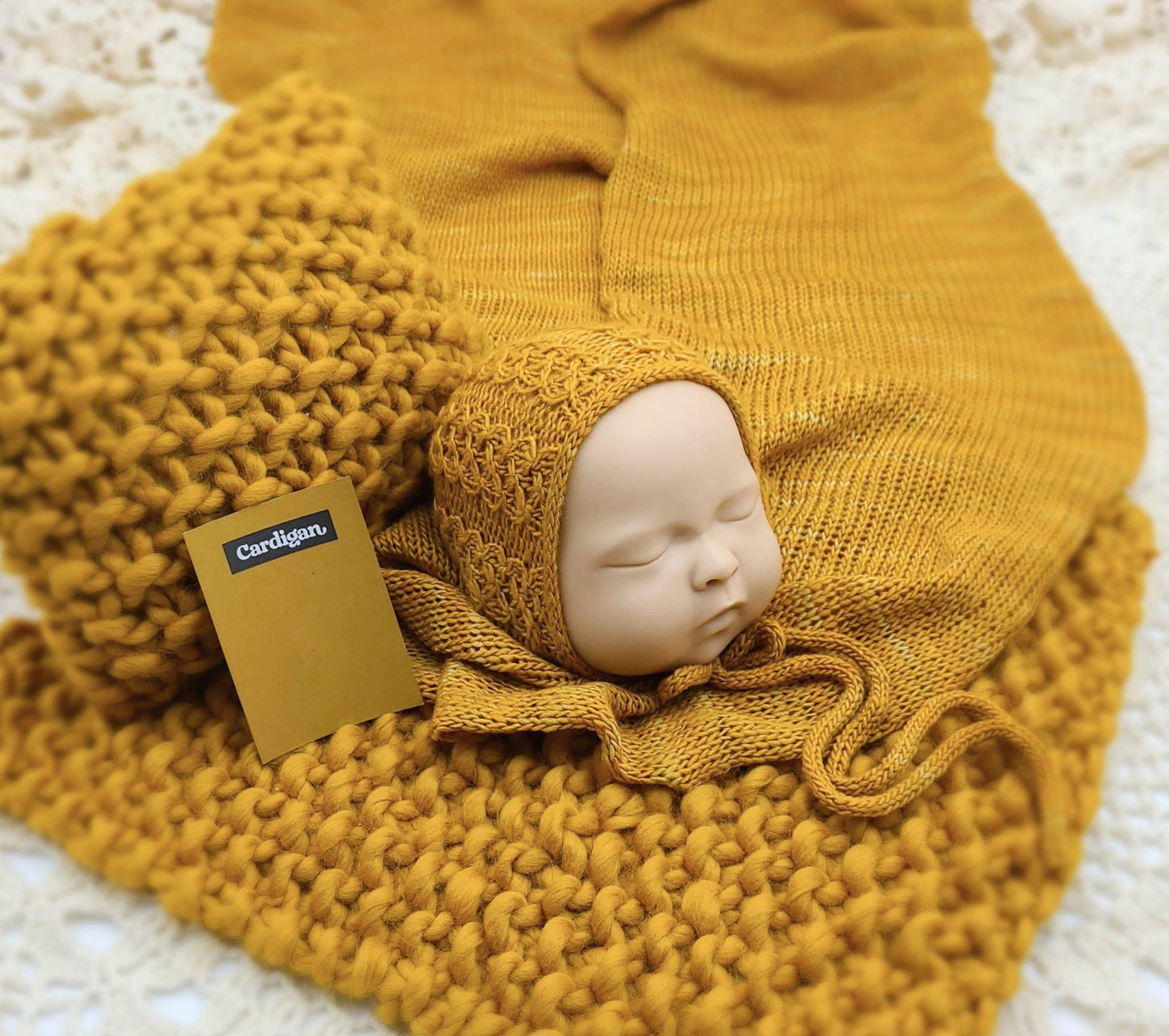 Clark Cable Bonnet/Wrap/Layer/Pillow Set coordinates with Newborn Nerds Cardigan