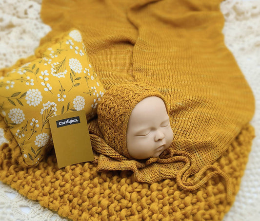 Clark Cable Bonnet/Wrap/Layer/Pillow Set coordinates with Newborn Nerds Cardigan