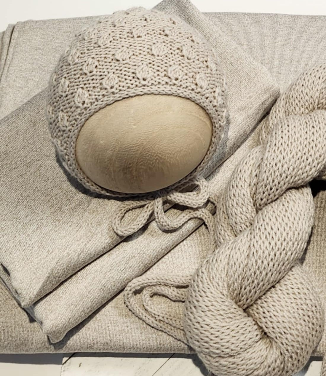 Jersey Stretch Backdrop, Jersey Stretch Wrap, choice of Handknit Bonnet & wrap Sets