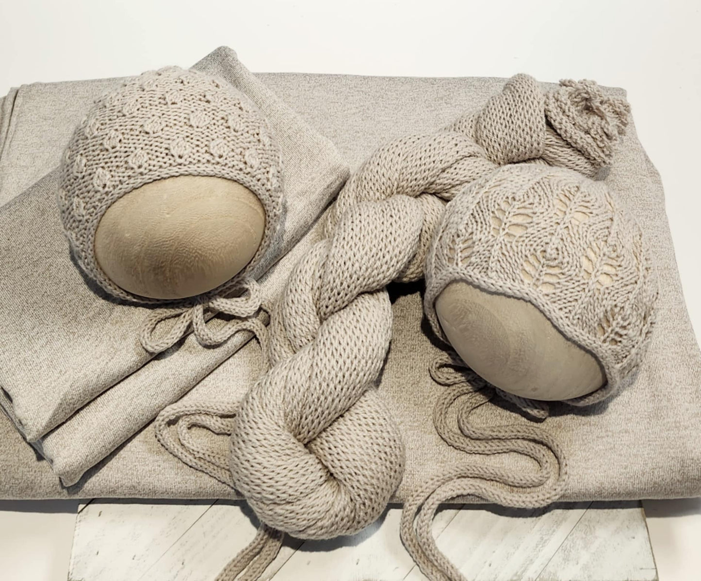 Jersey Stretch Backdrop, Jersey Stretch Wrap, choice of Handknit Bonnet & wrap Sets
