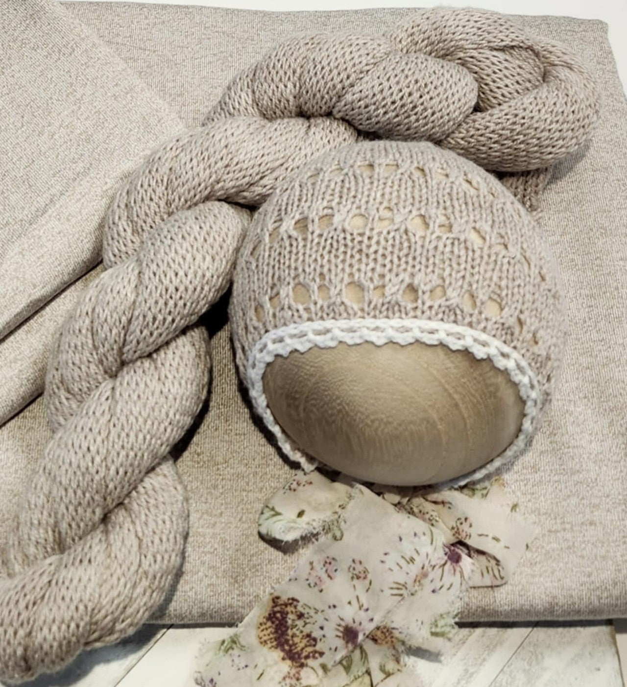 Jersey Stretch Backdrop, Jersey Stretch Wrap, choice of Handknit Bonnet & wrap Sets