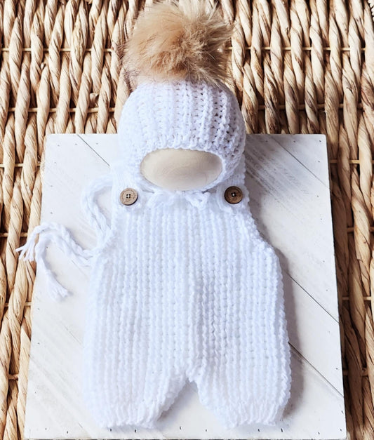 Fisherman Short Overalls and Removeable Fur Pompom Bonnet